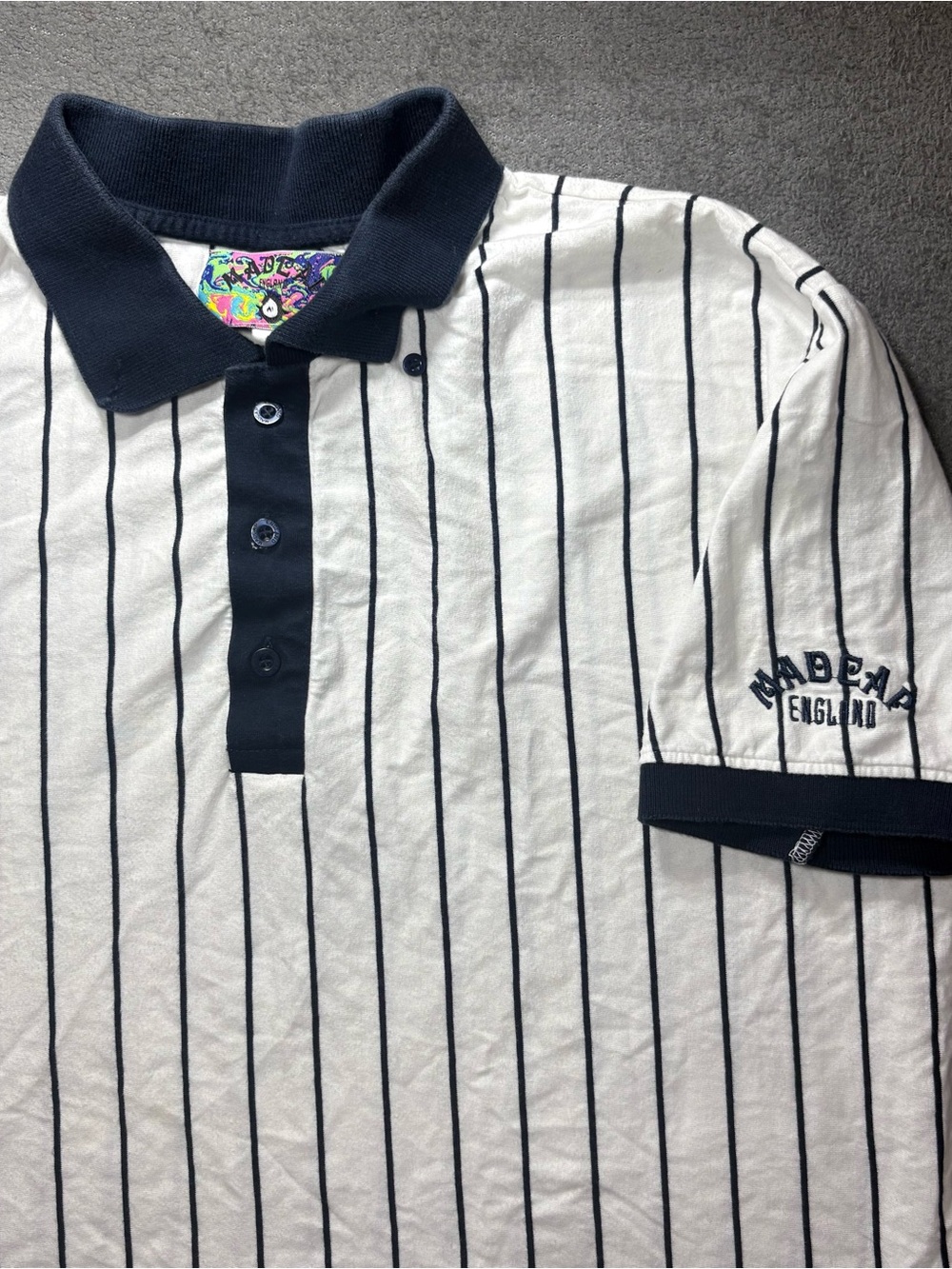 Madcap England White Navy Pinstripe Polo Shirt Approx Men’s Large Mod